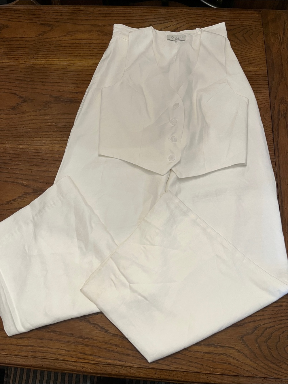 WAYF White High-Waist Wide Leg Trousers with Matching Vest, size small